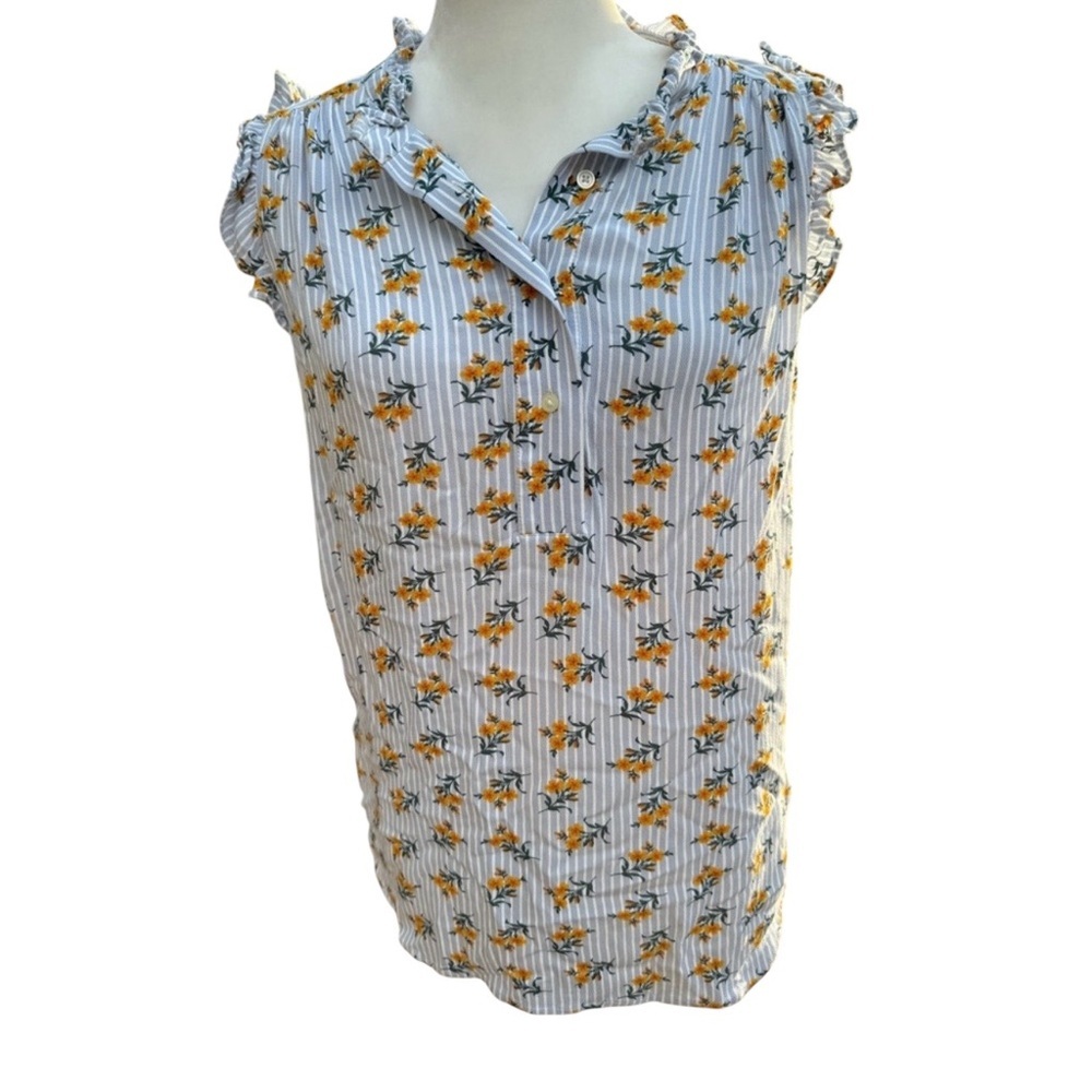 Loft Outlet Sleeveless Blouse Light blue White stripes gold flowers Size small - Picture 1 of 5